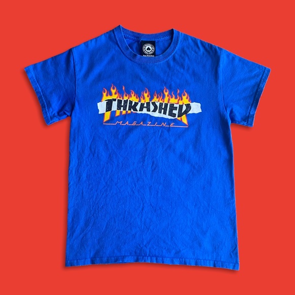 Thrasher Other - Thrasher Magazine Ripped Flame Flaming Tear Logo Short Sleeve T-Shirt in Blue